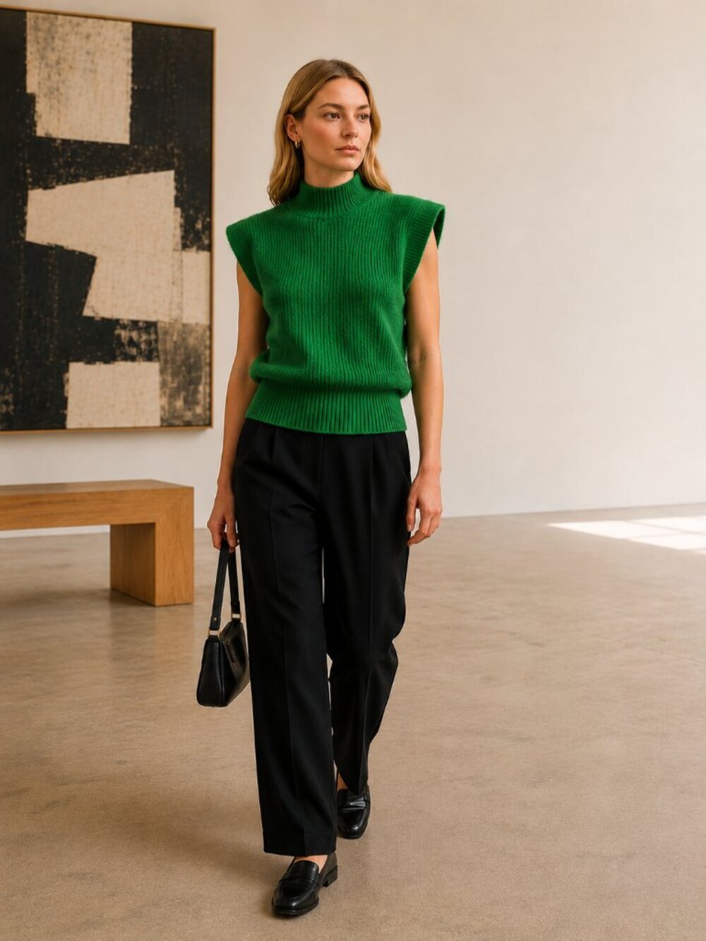 Babaton Hazlitt Gloss Green Merino Wool Mock Neck Sweater Vest XS Italy Knit Top